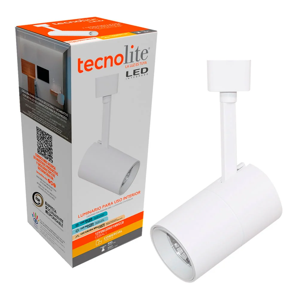 LAMPARA SPOT LED DE RIEL DIRIGIBLE 12 W LUZ BLANCA AJUSTABLE IRC 90 NO ATENUABLE 12YSNLED021MVCCB TECNOLITE