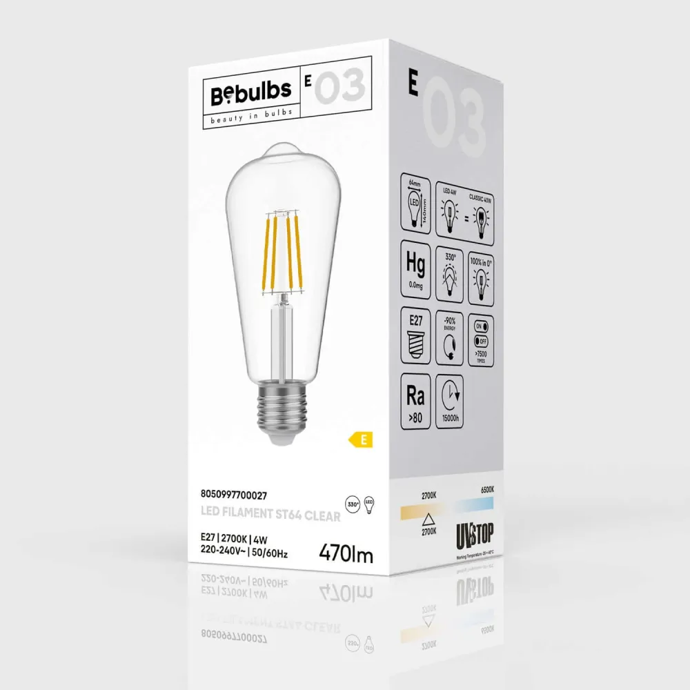 Transparante LED Lichtbron Edison ST64 4W 470Lm E27 2700K - E03