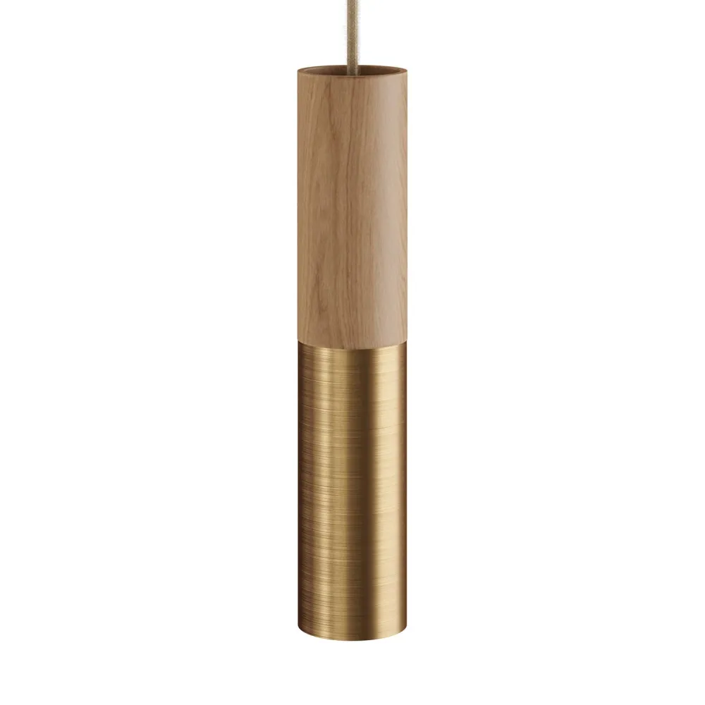 Tub-E14, houten en metalen buis voor spot met dubbele ring E14 fitting - Neutraal en satijnbrons