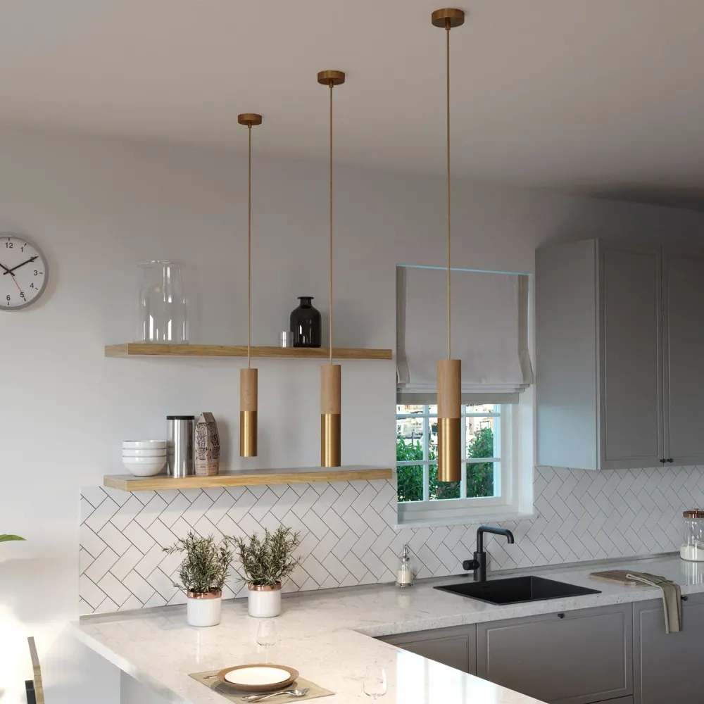 Tub-E14, houten en metalen buis voor spot met dubbele ring E14 fitting - Neutraal en satijnbrons