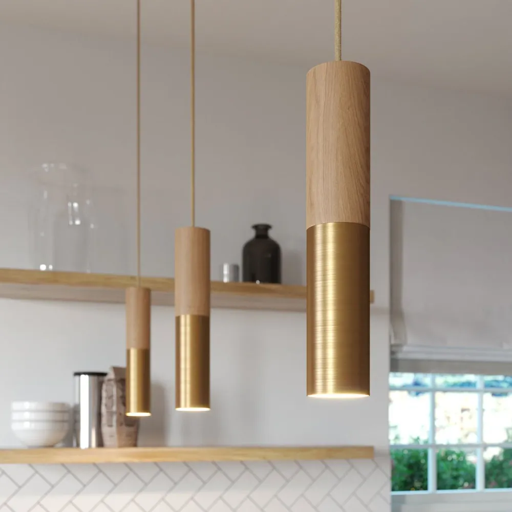 Tub-E14, houten en metalen buis voor spot met dubbele ring E14 fitting - Neutraal en satijnbrons