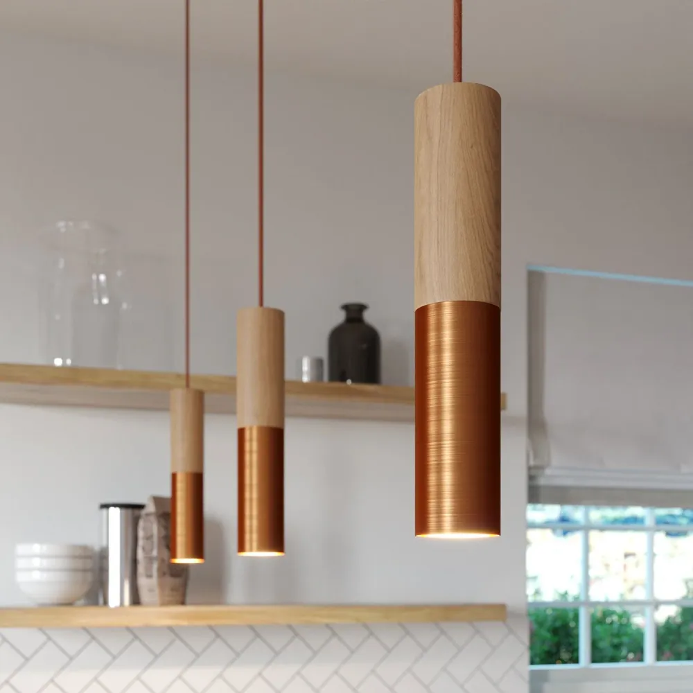 Tub-E14, houten en metalen buis voor spot met fitting met dubbele ring E14 - Neutraal en Mat Koper