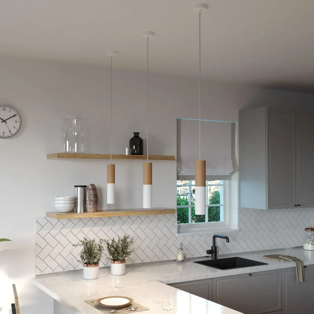 Tub-E14, houten en metalen buis voor spot met fitting met dubbele ring E14 - Neutraal en mat wit