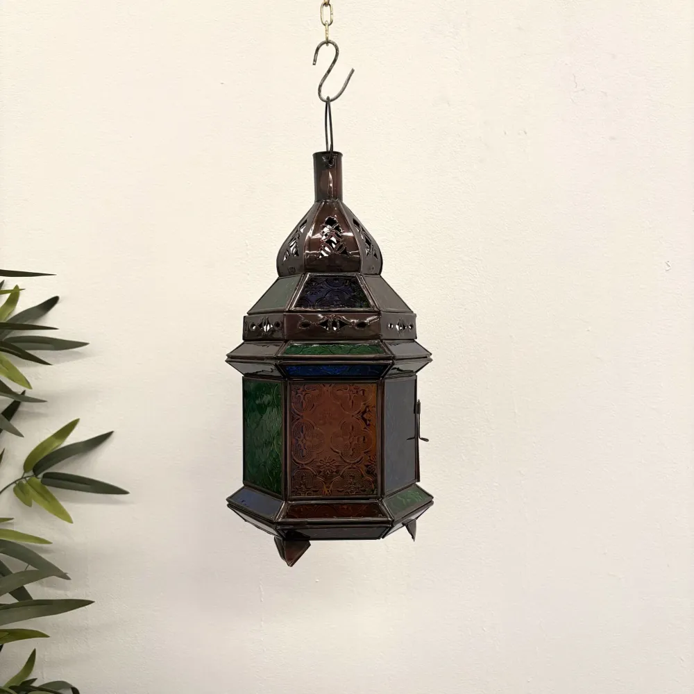 Veelkleurige zeshoekige Arabische lantaarn geglazuurd MS5 37x18ø