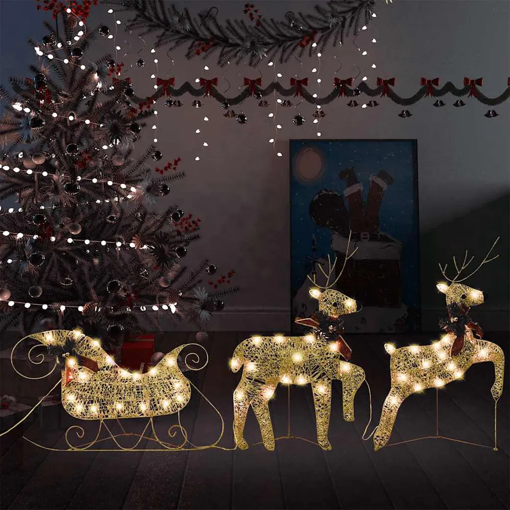 Kerstdecoratie rendieren en slee 60 LED's goudkleurig vidaXL