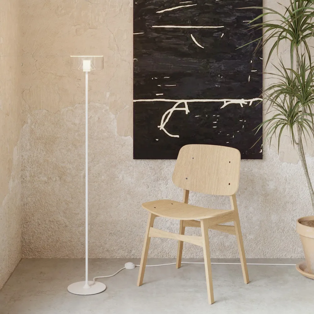 Vloerlamp MAG-Y met ronde metalen voet en transparante Ghost lichtbron - Mat wit