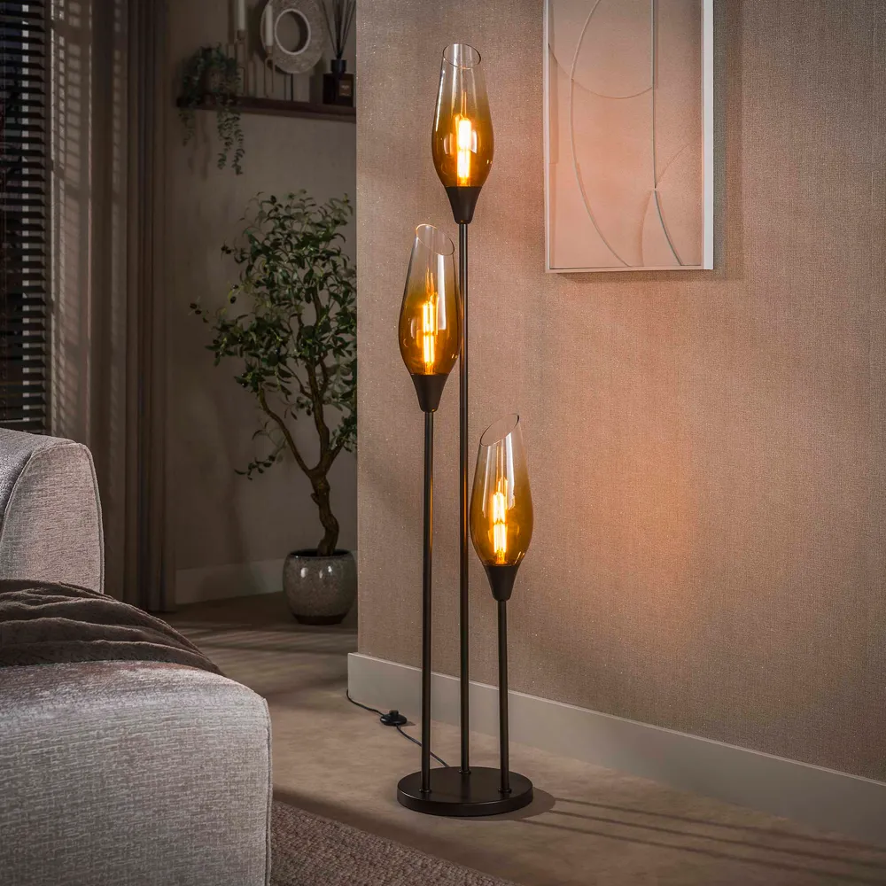Vloerlamp Alune - 3-lichts - Brons - Amberglas - 168 cm Vloerlampen