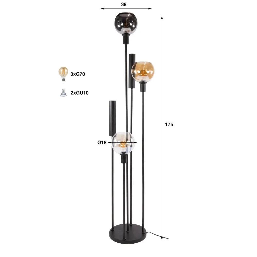 Vloerlamp Luneo - 5-lichts - Amber Mix - 175 cm - Met Spots Vloerlampen
