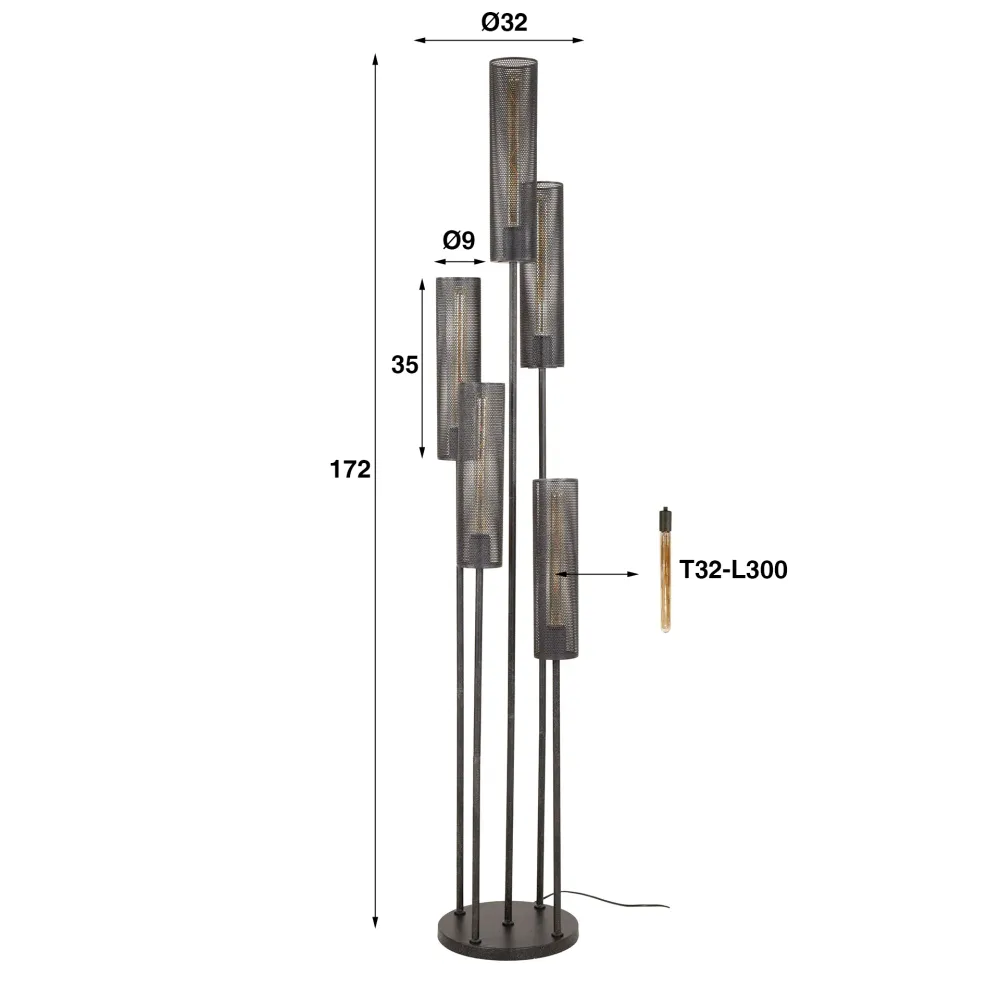 Vloerlamp Solace - 5-lichts - Zwart - Metaal - 172 cm Vloerlampen