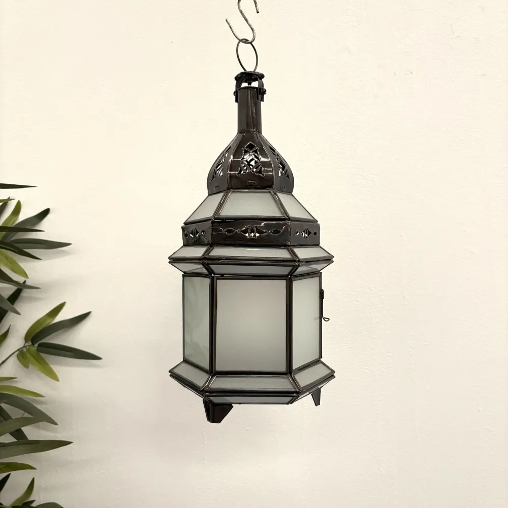 Witte zeshoekige Arabische lantaarn IKRAH 37x18cm