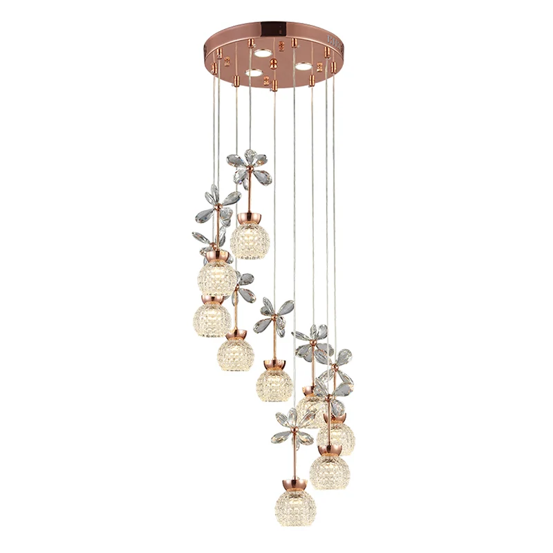 Professionele Kwaliteit Bloementrap Multi-licht hanger Kristal Moderne LED-hangverlichting met koepelschaduw roségoud