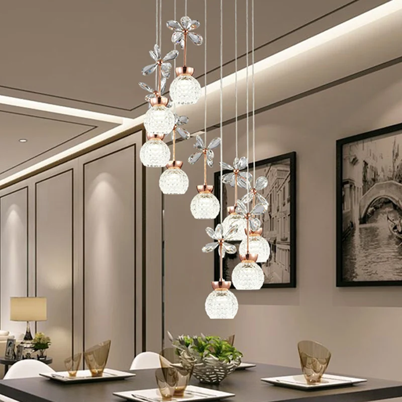 Professionele Kwaliteit Bloementrap Multi-licht hanger Kristal Moderne LED-hangverlichting met koepelschaduw roségoud