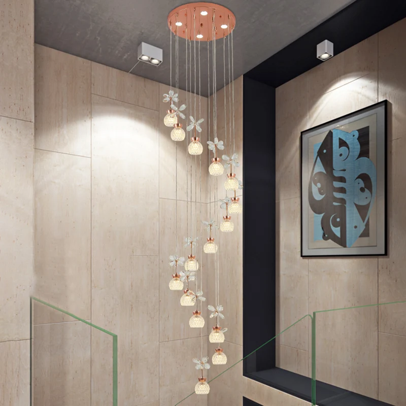 Professionele Kwaliteit Bloementrap Multi-licht hanger Kristal Moderne LED-hangverlichting met koepelschaduw roségoud