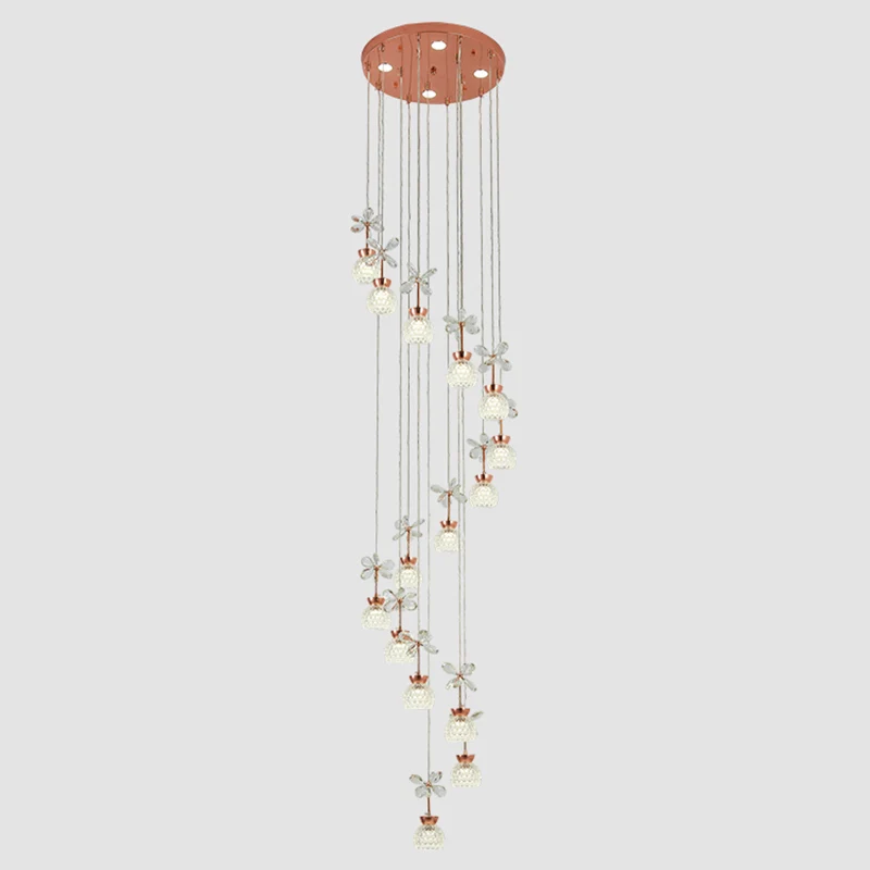 Professionele Kwaliteit Bloementrap Multi-licht hanger Kristal Moderne LED-hangverlichting met koepelschaduw roségoud