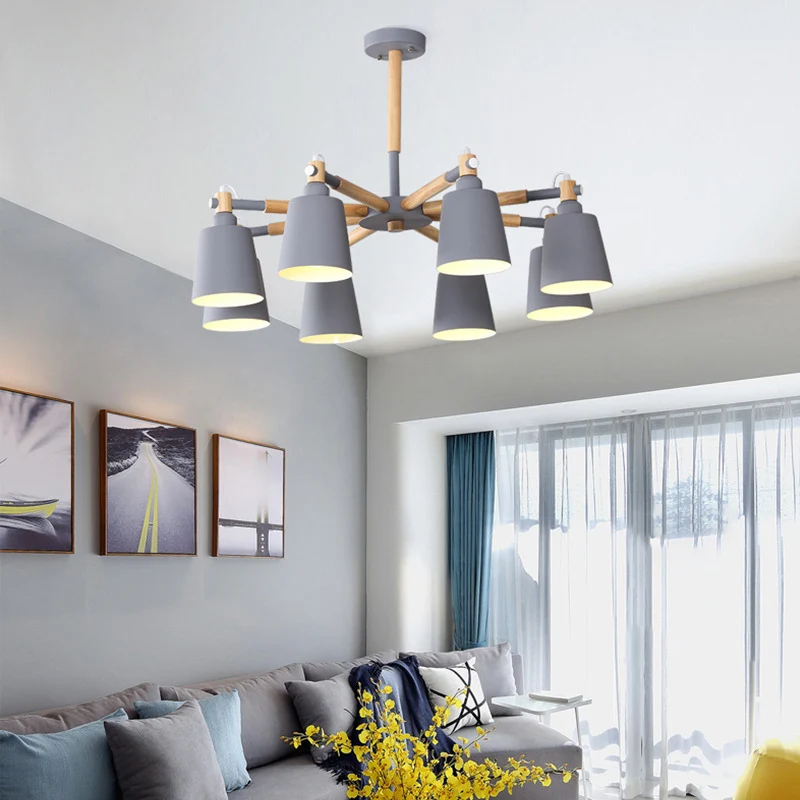 Starburst kroonluchterlamp Scandinavisch hout 8-lichts plafondhanger met conische metalen kap voor Binnen en Buiten