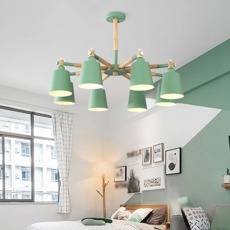 Starburst kroonluchterlamp Scandinavisch hout 8-lichts plafondhanger met conische metalen kap voor Binnen en Buiten