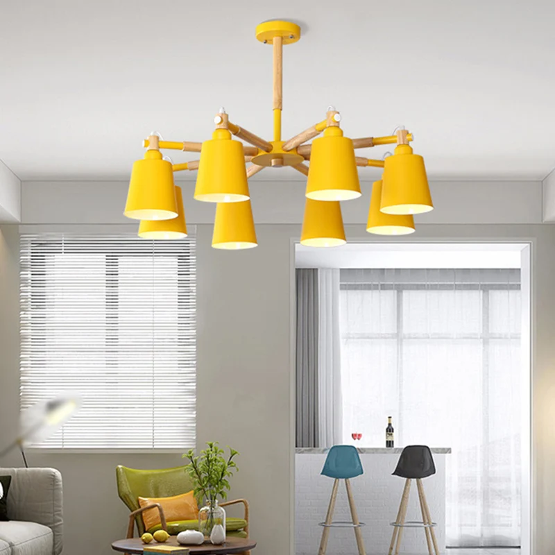 Starburst kroonluchterlamp Scandinavisch hout 8-lichts plafondhanger met conische metalen kap voor Binnen en Buiten