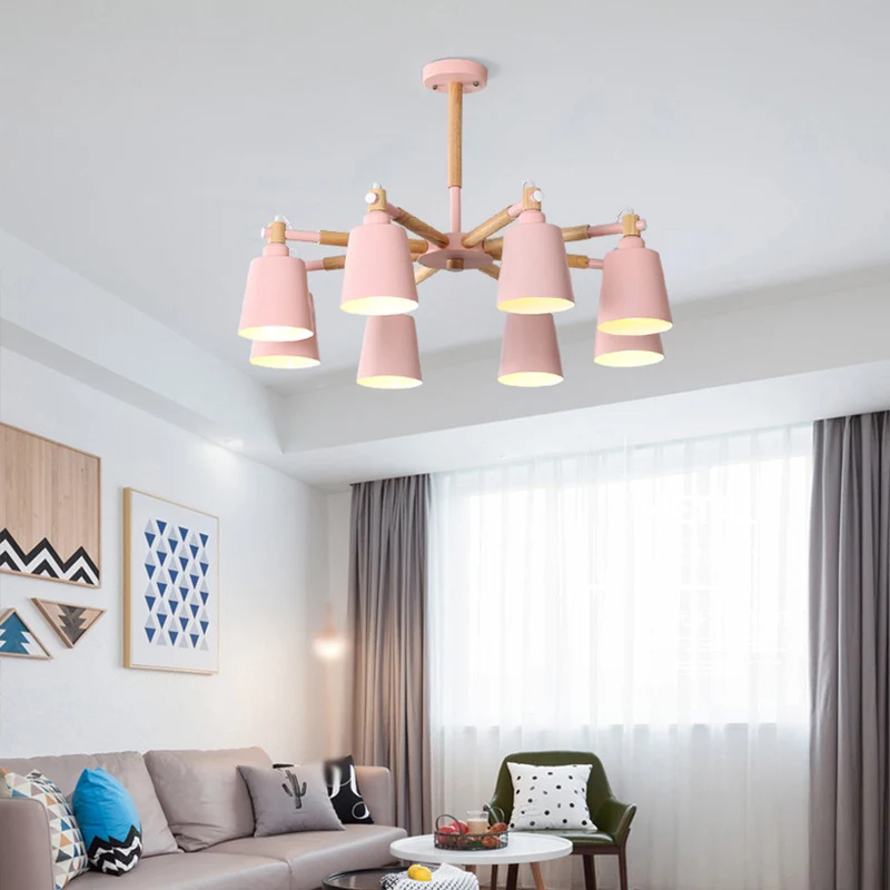 Starburst kroonluchterlamp Scandinavisch hout 8-lichts plafondhanger met conische metalen kap voor Binnen en Buiten