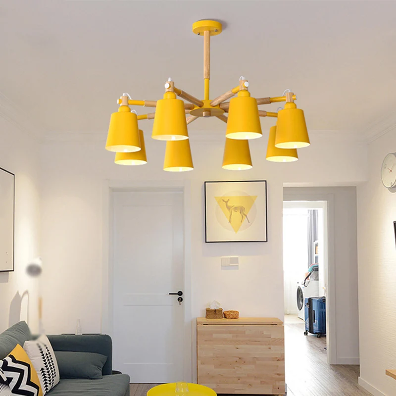 Starburst kroonluchterlamp Scandinavisch hout 8-lichts plafondhanger met conische metalen kap voor Binnen en Buiten