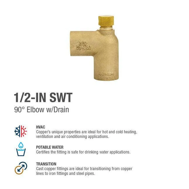 Streamline 1/2- SWT x 1/2- SWT Cast Geel koper 90-Degree Elbow w/Drain