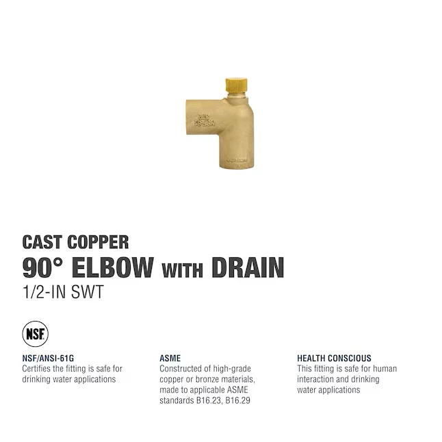 Streamline 1/2- SWT x 1/2- SWT Cast Geel koper 90-Degree Elbow w/Drain