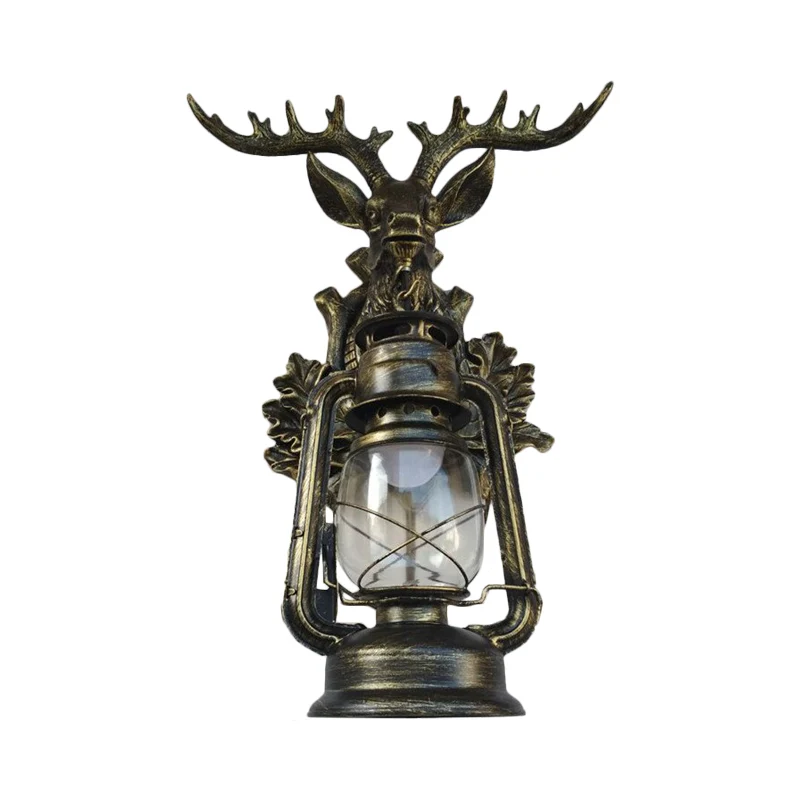 Enkele vlamloze kerosine wandlamp rustieke stijl bruin/brons transparant glas schans met hars faux elanden achterplaat met...