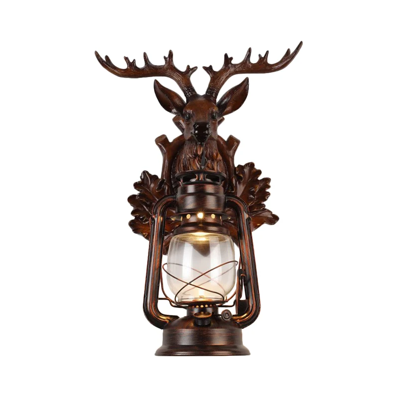 Enkele vlamloze kerosine wandlamp rustieke stijl bruin/brons transparant glas schans met hars faux elanden achterplaat met...