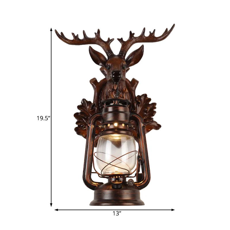 Enkele vlamloze kerosine wandlamp rustieke stijl bruin/brons transparant glas schans met hars faux elanden achterplaat met...