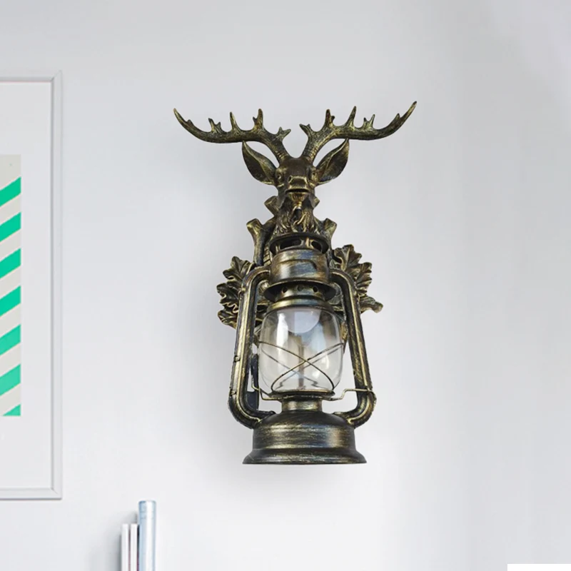 Enkele vlamloze kerosine wandlamp rustieke stijl bruin/brons transparant glas schans met hars faux elanden achterplaat met...