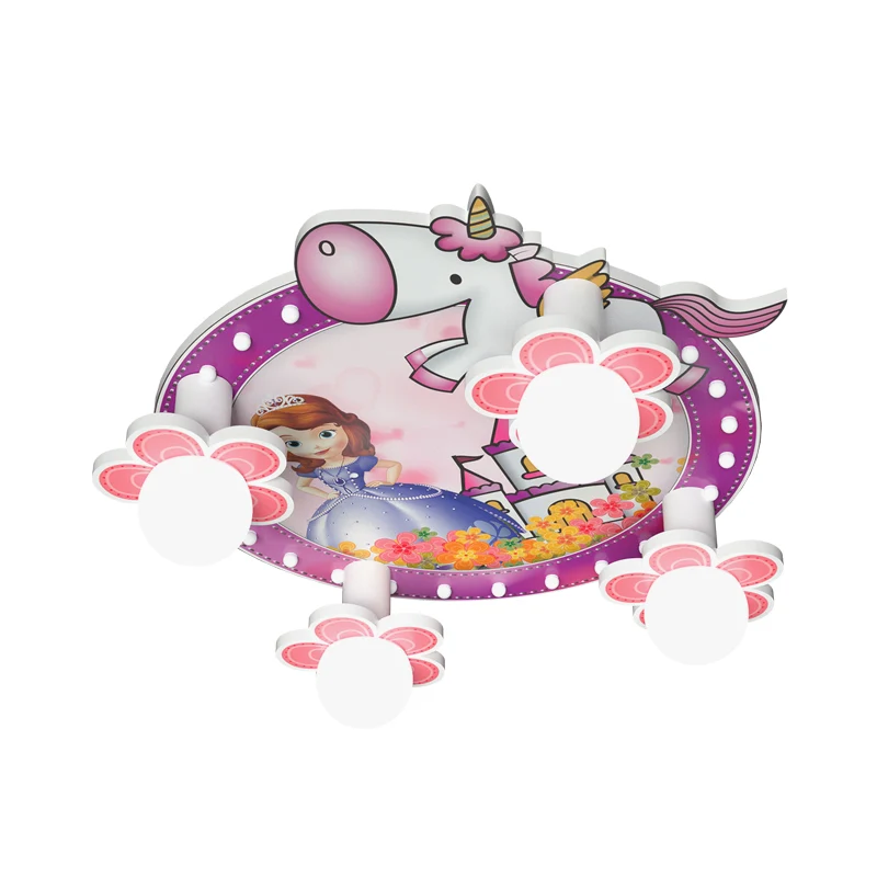 IP44 Waterdichte Paarse bloem inbouwlamp cartoon 4 lampen houten plafond vlak met prinses en eenhoornpatroon, 6,5"/23,5" H