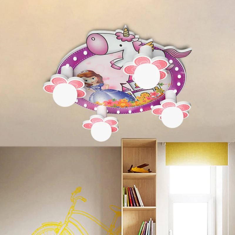 IP44 Waterdichte Paarse bloem inbouwlamp cartoon 4 lampen houten plafond vlak met prinses en eenhoornpatroon, 6,5"/23,5" H
