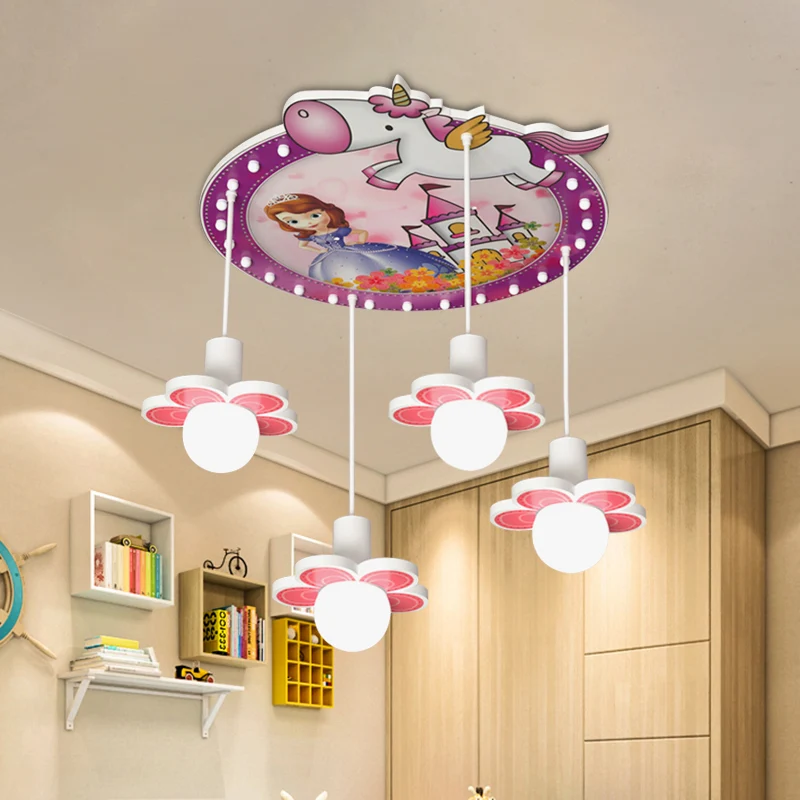 IP44 Waterdichte Paarse bloem inbouwlamp cartoon 4 lampen houten plafond vlak met prinses en eenhoornpatroon, 6,5"/23,5" H