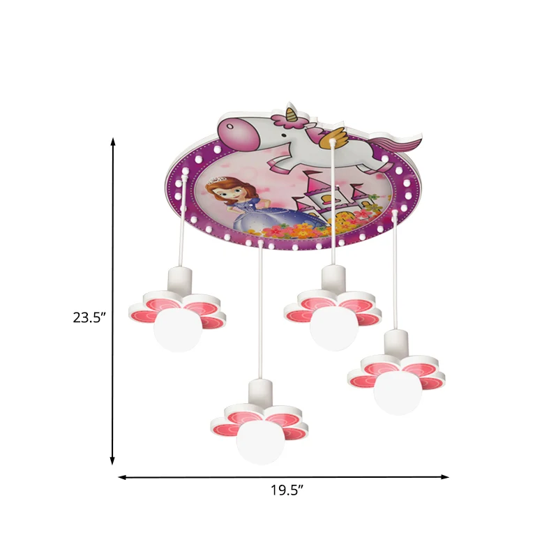 IP44 Waterdichte Paarse bloem inbouwlamp cartoon 4 lampen houten plafond vlak met prinses en eenhoornpatroon, 6,5"/23,5" H