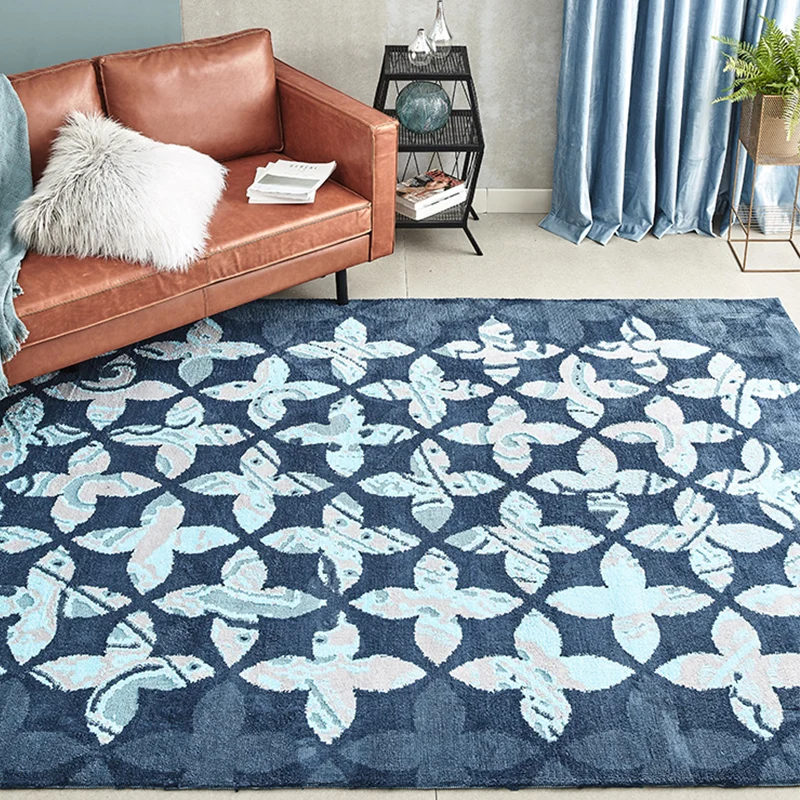 Blauw slaapkamertapijt eigentijds geometrisch patroon vloerkleed polyesterstof wasbaar antislip achterkant huisdiervriende...