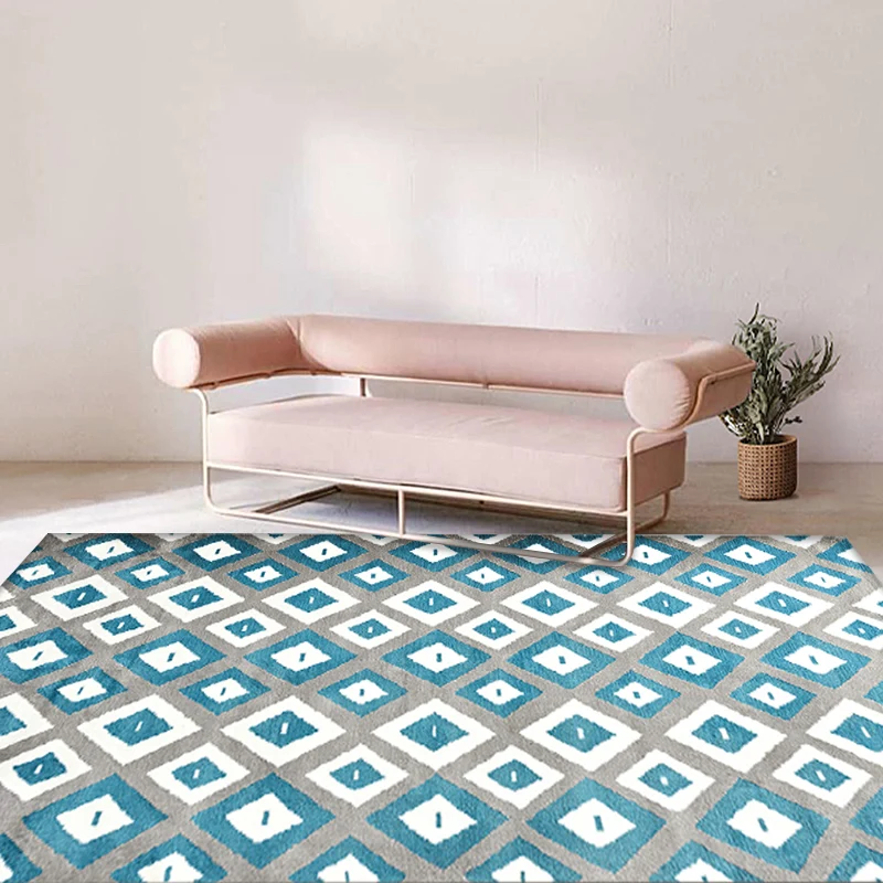 Blauw slaapkamertapijt eigentijds geometrisch patroon vloerkleed polyesterstof wasbaar antislip achterkant huisdiervriende...