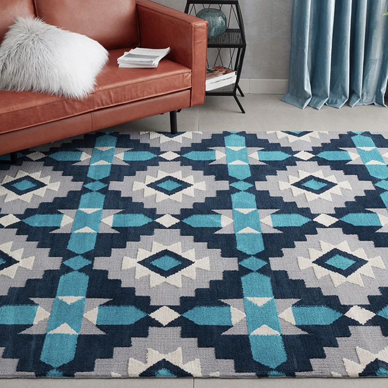 Blauw slaapkamertapijt eigentijds geometrisch patroon vloerkleed polyesterstof wasbaar antislip achterkant huisdiervriende...