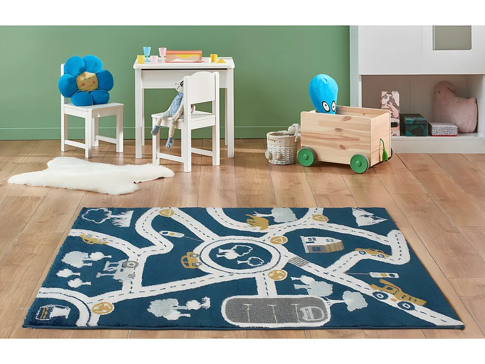 Kindertapijt ROADY Polypropyleen 100 x 150 cm Blauw, lichtbruin en geel