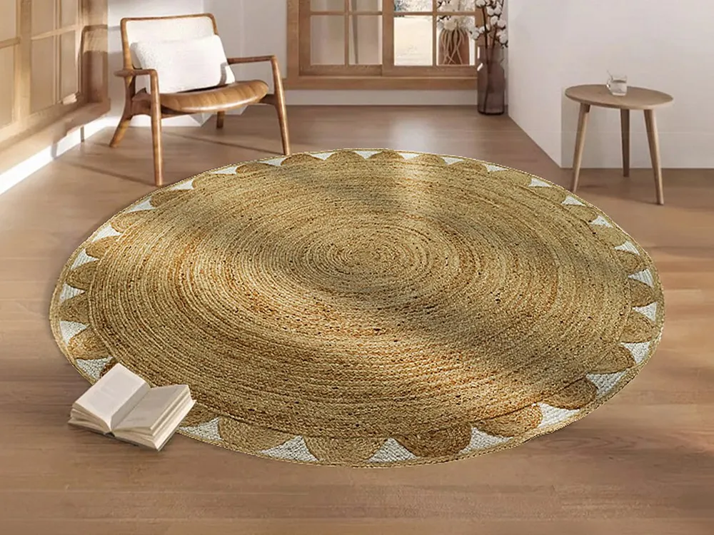 Rond tapijt met bloem van 100% jute - D200 cm - Naturel - INDIRA