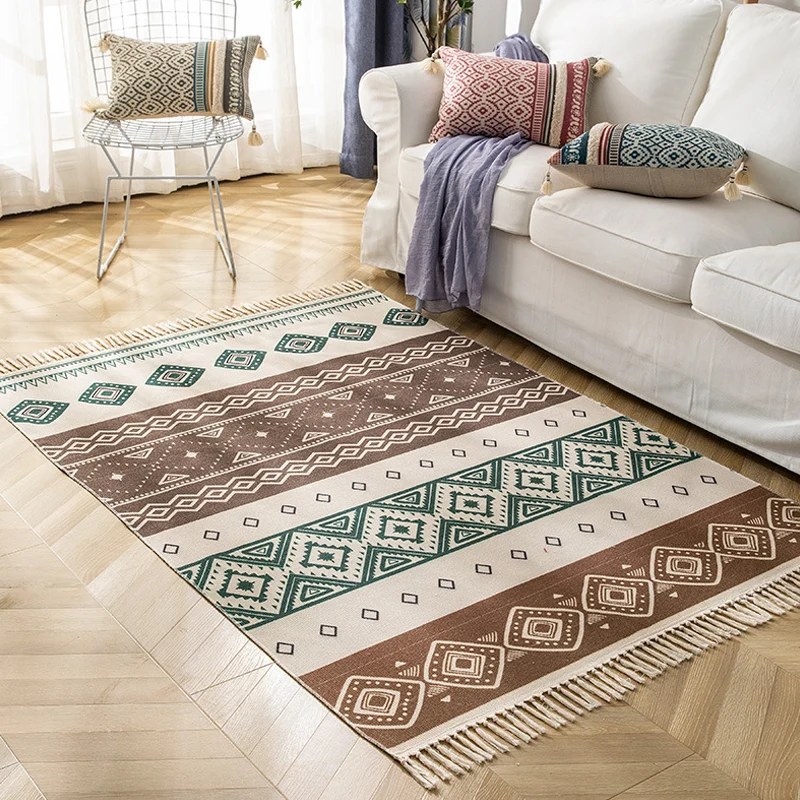Tapijt met veelkleurig geometrisch patroon Vlas Marokkaans tapijt Diervriendelijk wasbaar antislip-vloerkleed voor de woon...