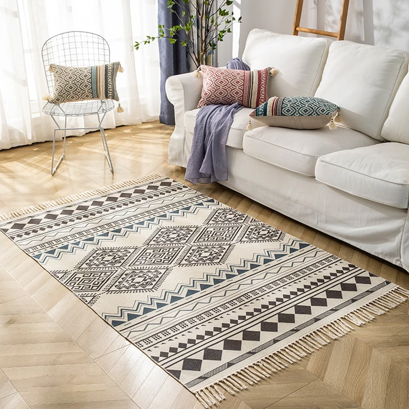 Tapijt met veelkleurig geometrisch patroon Vlas Marokkaans tapijt Diervriendelijk wasbaar antislip-vloerkleed voor de woon...