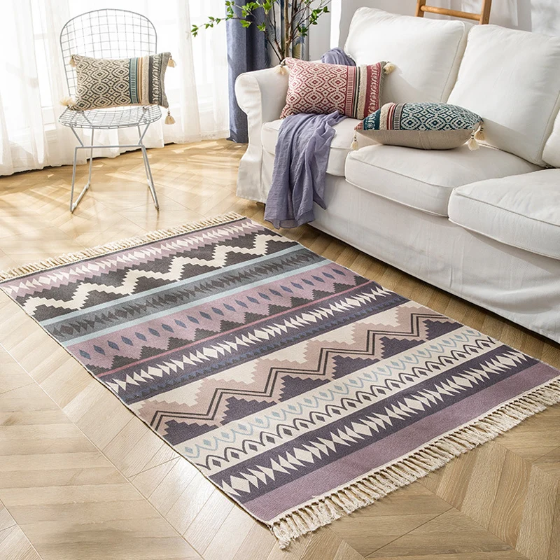 Tapijt met veelkleurig geometrisch patroon Vlas Marokkaans tapijt Diervriendelijk wasbaar antislip-vloerkleed voor de woon...