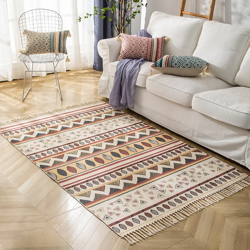 Tapijt met veelkleurig geometrisch patroon Vlas Marokkaans tapijt Diervriendelijk wasbaar antislip-vloerkleed voor de woon...