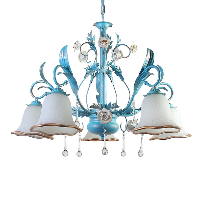3/5/8-Bulb Up kroonluchter platteland slaapkamer hanglamp met bloem witte matglazen kap en kristallen decor blauw | Snel L...