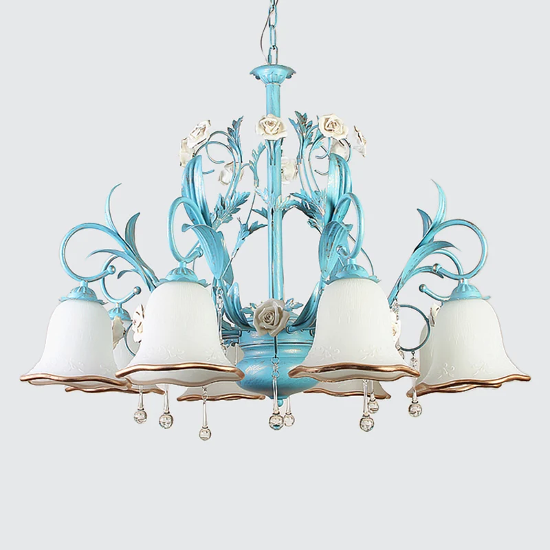 3/5/8-Bulb Up kroonluchter platteland slaapkamer hanglamp met bloem witte matglazen kap en kristallen decor blauw | Snel L...