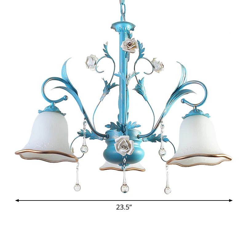 3/5/8-Bulb Up kroonluchter platteland slaapkamer hanglamp met bloem witte matglazen kap en kristallen decor blauw | Snel L...