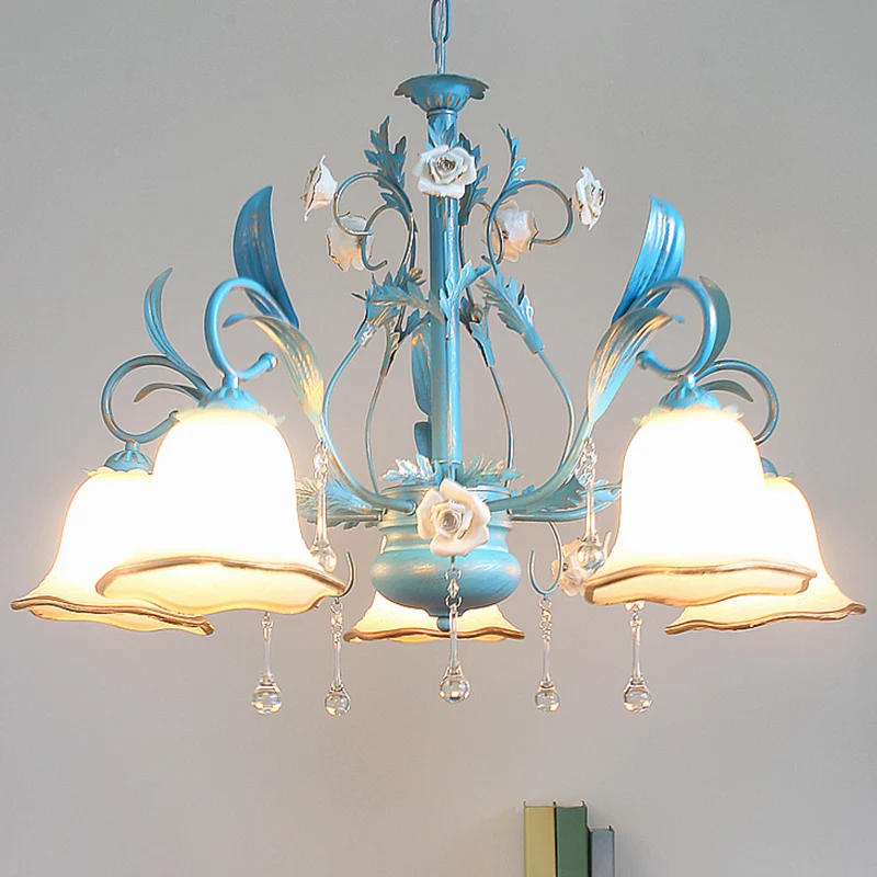 3/5/8-Bulb Up kroonluchter platteland slaapkamer hanglamp met bloem witte matglazen kap en kristallen decor blauw | Snel L...