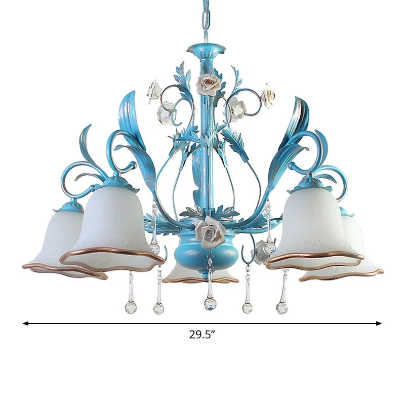 3/5/8-Bulb Up kroonluchter platteland slaapkamer hanglamp met bloem witte matglazen kap en kristallen decor blauw | Snel L...