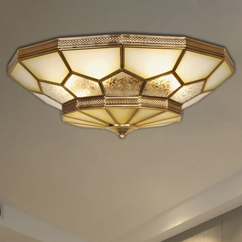 Gecertificeerd IP44 3/4/6 lampen woonkamer plafondlamp ambachtelijk messing inbouw met gefacetteerde matglazen kap, 14"/18...