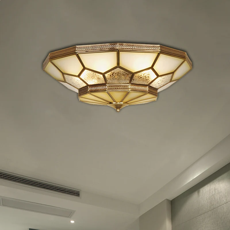 Gecertificeerd IP44 3/4/6 lampen woonkamer plafondlamp ambachtelijk messing inbouw met gefacetteerde matglazen kap, 14"/18...