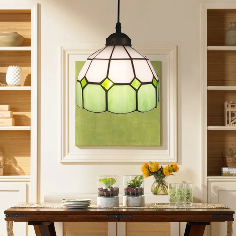 Gecertificeerd IP44 Handgeslepen glazen groen/blauwe plafondlamp Dome 1-kops Tiffany hanglamp voor restaurant